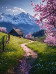 Wall Mural - Vibrant cherry blossoms frame a winding path leading to a rustic cabin, set against majestic Swiss mountains in springtime. Generative AI