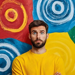 Man with surprised expression against colorful abstract background