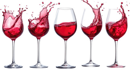 Poster - Elegant Red Wine Splashes Captured in Five Flowing Glasses Generative AI
