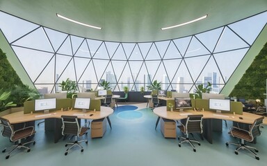 A contemporary office space highlighted by a large glass dome, creating an open and airy atmosphere