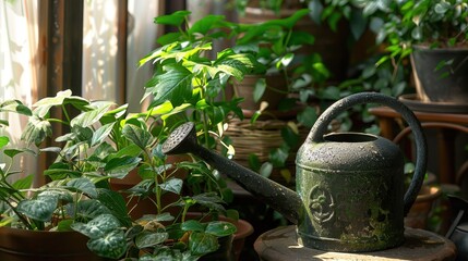 Wall Mural - Vintage Watering Can Among Flourishing Plants