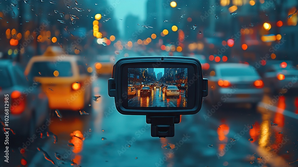 dash cam installed on a car windshield capturing traffic on a busy city ...