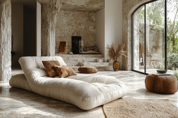 Poster - a minimalist living space with multi-functional furniture, promoting efficiency and simplicity in a 