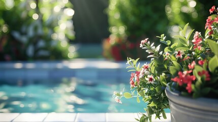 Poster - Tranquil Poolside with Colorful Flowers in Sunlight