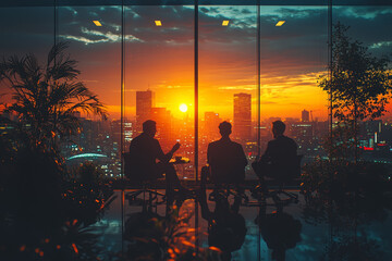 Poster - A leadership team discussing the future of hybrid work, exploring ways to keep employees engaged and productive. Concept of corporate strategy.