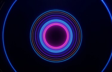 Aufkleber - Abstract neon circles of blue, pink, and yellow glow on a dark background.