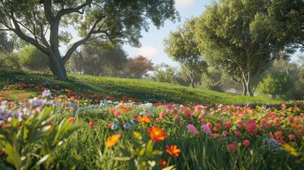 Poster - Lush Green Landscape with Colorful Flowers