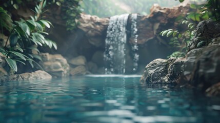 Canvas Print - Serene Waterfall in Lush Green Environment