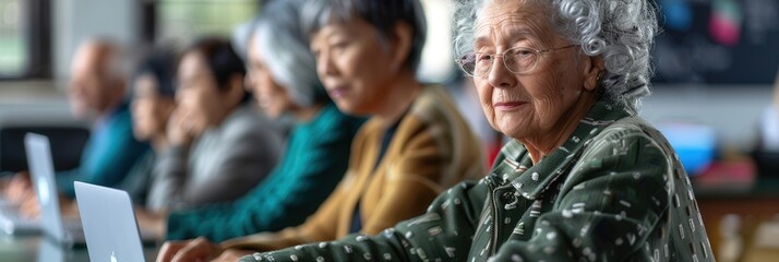 Leinwandbilder - A group of seniors actively participating in computer courses, focused on learning digital skills using laptops and desktop computers. Generative AI