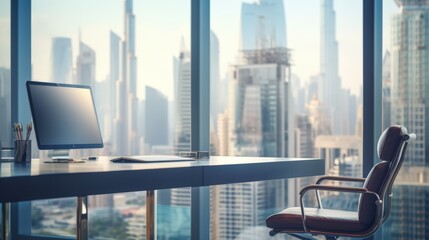 Poster - Modern office desk with a laptop and stationery on a city background, with a blurred window view