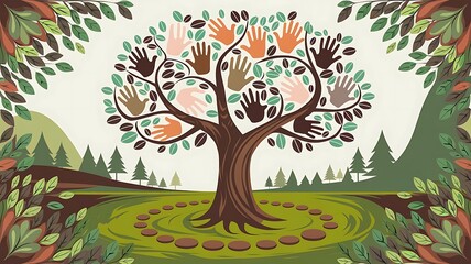 A tree with leaves in the shapes of hands in various skin tones, each leaf representing a different ethnicity or culture, symbolizing the strength of solidarity.  International Human Solidarity Day. 