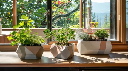 Poster - Modern Indoor Planters on Sunny Kitchen Windowsill