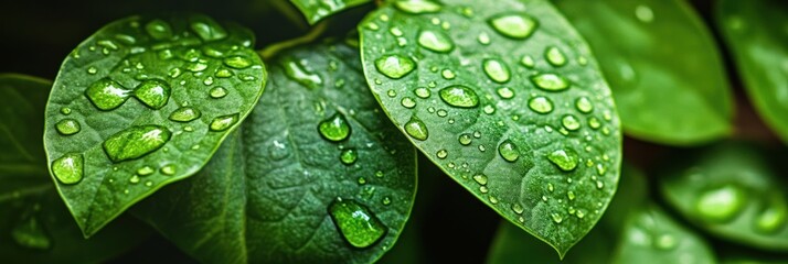 Poster - Dewdrops glisten on vibrant green leaves, emphasizing the freshness and vitality of nature in a serene setting at dawn. Generative AI