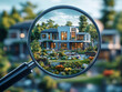 © Tanja - A modern home surrounded by vibrant gardens, viewed through a magnifying glass, showcasing the intricate landscaping and contemporary design. Real Estate Concept