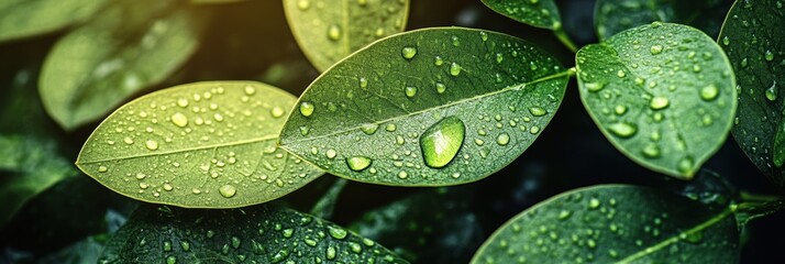 Poster - Raindrops cling to vibrant green leaves, showcasing nature's hydration and purity in a lush natural setting illuminated by soft light. Generative AI