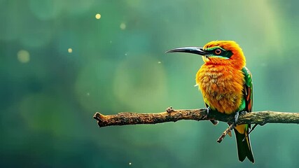 Wall Mural - A brightly colored bird perches on a branch against a soft green background, with small white specks of rain falling around it.