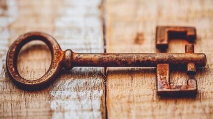 A Rusty Key on a Wooden Surface