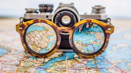 Vintage Camera and Sunglasses Resting on a World Map