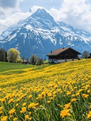 Poster - Golden flowers blanket the Swiss landscape in spring, with a picturesque mountain and a charming house enhancing the serene beauty. Generative AI