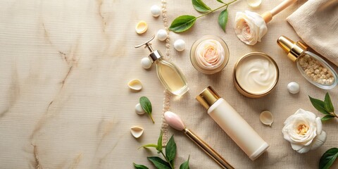 Luxury skincare and beauty products with white roses and green leaves on a textured background