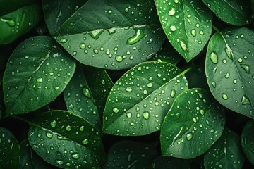 Leinwandbilder - Vibrant green leaves glisten with water droplets, highlighting nature's freshness and the essence of hydration in a tranquil environment. Generative AI