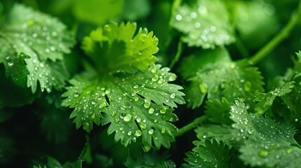 Water drips covering fresh green coriander leaves