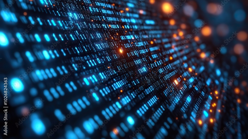 A background featuring binary data code represents the process of computing and internet data transmission in a digital technology context.