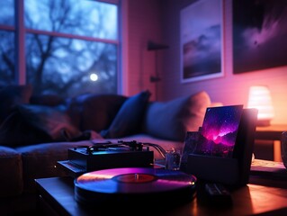 A record player on a coffee table in a living room, with a record on the turntable. The room is lit by a lamp and has a window in the background.