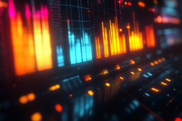 Close-up of a futuristic control panel with glowing orange and blue bars and buttons.