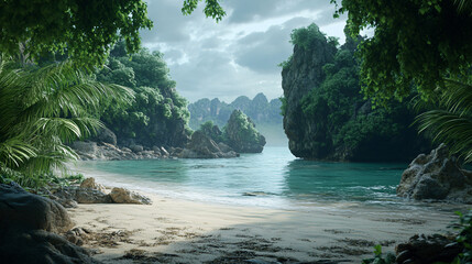 Wall Mural - tranquil tropical beach cove with lush foliage and calm turquoise water