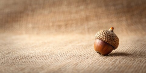 A single acorn resting on a rough woven fabric background, a symbol of nature's bounty and autumn's arrival.