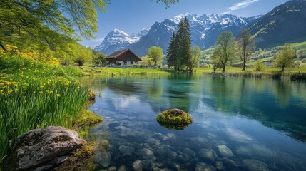 Sticker - Springtime in Switzerland reveals a serene lake surrounded by lush greenery, colorful flowers, and stunning alpine peaks in the background. Generative AI