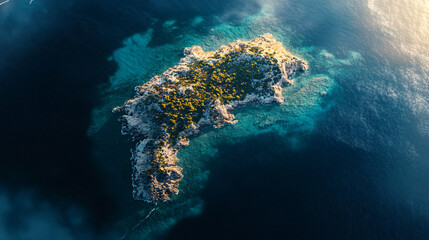 Wall Mural - aerial view of a lush green island in a deep blue ocean with clear turquoise water
