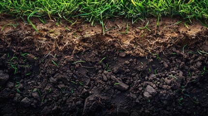 Close up of soil with green grass on the top layer. Part of exposed soil under bed of grass of lawn