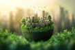 © Zulkifle - Green city with buildings and trees on the planet. Green energy concept, eco-friendly, energy, sustainability, and creativity in vector style illustration design. Vector Illustration, 3D Rendering.