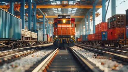 Fototapete - A freight train is being loaded with colorful containers at a bustling railway station under clear skies. Generative AI