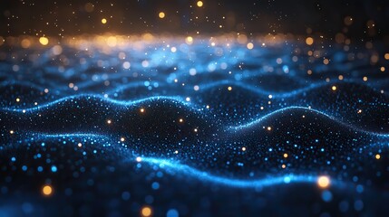 A digital grid background in blue represents futuristic network technology, with 3D renderings of abstract tech patterns for modern applications.