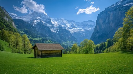 Canvas Print - A serene spring day reveals lush green meadows beneath towering Swiss Alps, enhanced by clear blue skies and snowy peaks. Generative AI