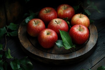 Still-life. Circular composition on a dark wooden background. Realistic village apples. In the center is a place for text. Rustic style - generative ai