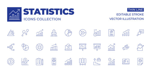 Poster - Statistics icons collection. Thin Line icons, editable stroke. growth, pie chart, statistics, stats, suitcase, timeline, grow, infographics, money management, organize, phone