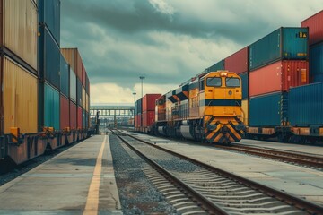 Aufkleber - A freight train is being loaded with colorful containers at a bustling railway station as clouds loom overhead. Generative AI