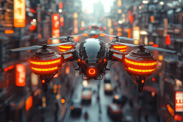 Poster - A surveillance drone powered by AI monitoring a city, raising concerns about public privacy. Concept of privacy.