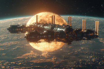 Wall Mural - a space station orbiting the moon, serving as a launch point for deeper space missions, highlighting