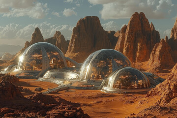 Poster - A space colony concept with domes on Mars, highlighting the potential for human settlement on other planets. Concept of space colonization.