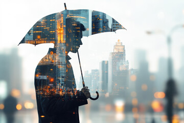 A man is holding an umbrella in front of a city skyline