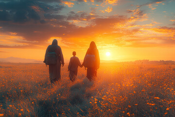 Poster - a family returning to their homeland after a period of exile, representing repatriation efforts in p