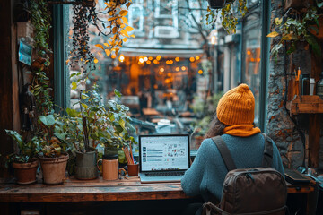 Poster - A digital nomad working from a cafe, highlighting the rise of remote work in non-traditional environments. Concept of non-traditional workspaces.