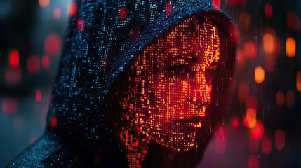 A hacker coding a virus or ransomware, depicted with abstract binary code, representing cyberattacks, system breaches, and malware threats.