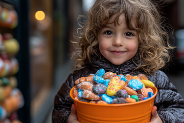 Sticker - A child holding a bucket overflowing with candy, reveling in the excitement of trick-or-treating. Concept of Halloween traditions.