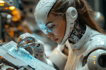 Aufkleber - a robotics engineer programming a humanoid robot to perform tasks in a manufacturing facility. conce